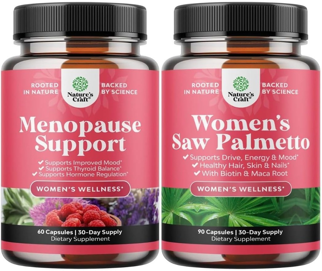 Bundle of Menopause Supplement for Night Sweats, Hot Flashes & Mood Swings with Dong Quai, Chaste Berry " Black Cohosh Root and Saw Palmetto for Women 500mg DHT Blocker with Maca Root " Biotin