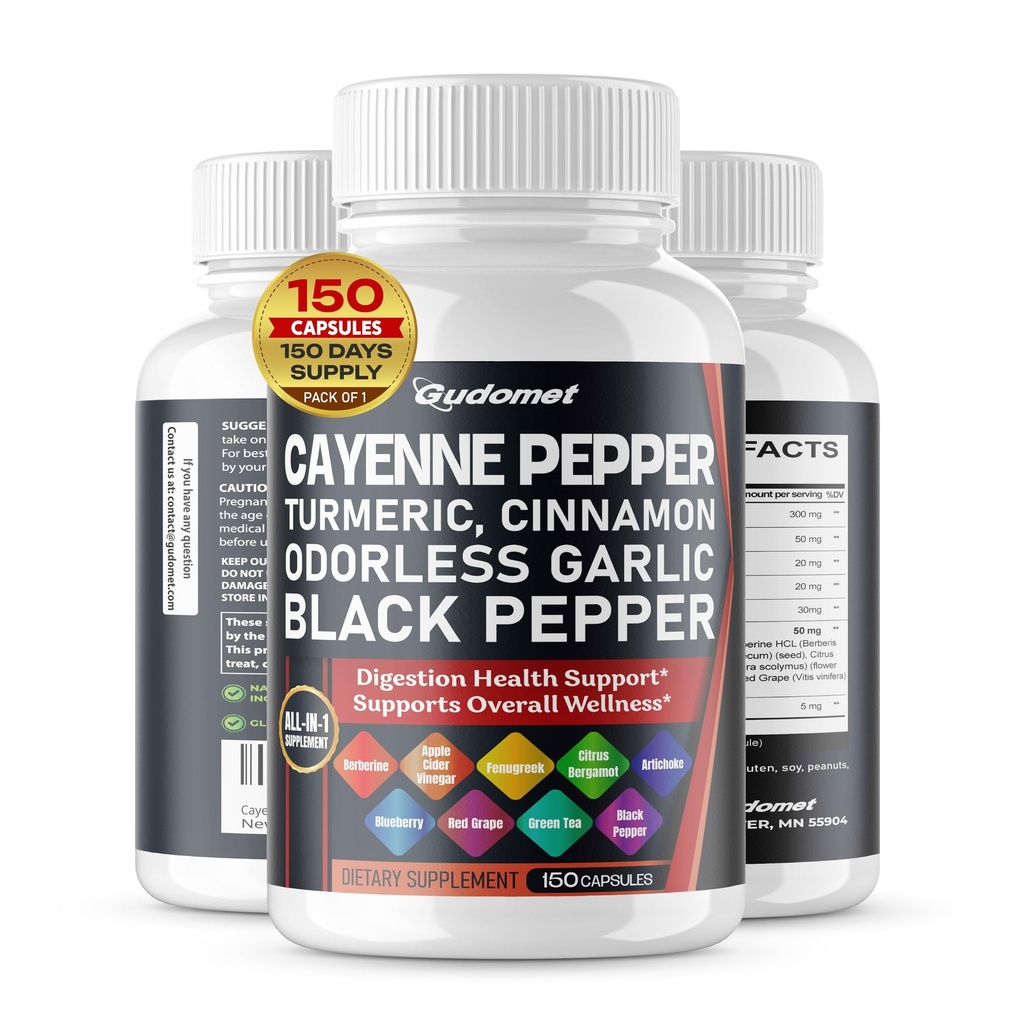 Cayenne Pepper Turmeric Ajo sin olor Cinnamon Fenugreek Citrus Bergamot Artichoke Blueberry Green Tea Black Pepper -150 Capsules- Hecho en Estados Unidos