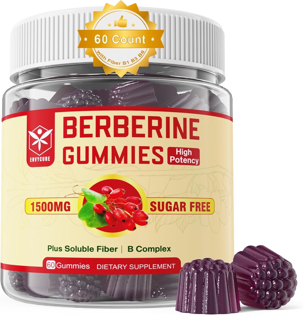 Suplemento bereberina 1500mg con fibra soluble, B1, B3 & B6, azúcar libre bereberina HCL Gummies, alta biodisponibilidad AMPK Activitor for Metabolism Balanced, Daily Digestive & Body Management, 60 Cts