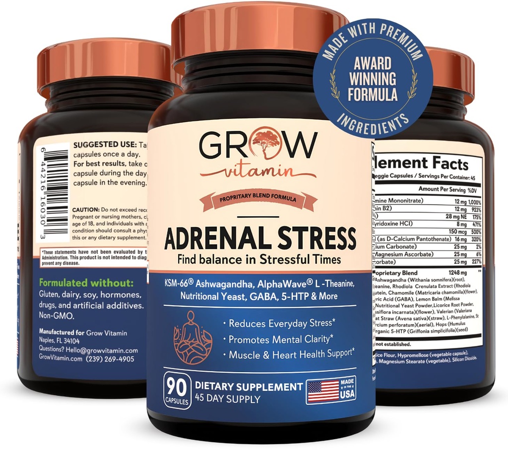 Crecer Vitamina Adrenal Stress Advanced Formula, Orgánica KSM-66 Ashwagandha con AlphaWave L-Theanine, 5-HTP, Magnesium Blend - Alivio de estrés diario, Mood Support, Cognitive, Brain Health, 90 cápsulas