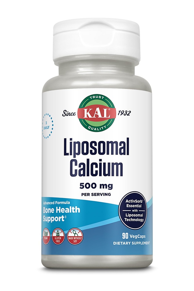 KAL Liposomal Calcio 500 mg, Suplemento de Calcio de Alta Absorción, Soporte de Calcio Esencial, Vegan, Gluten Gratis, No Soy, 30 Serviciones, 90 VegCaps