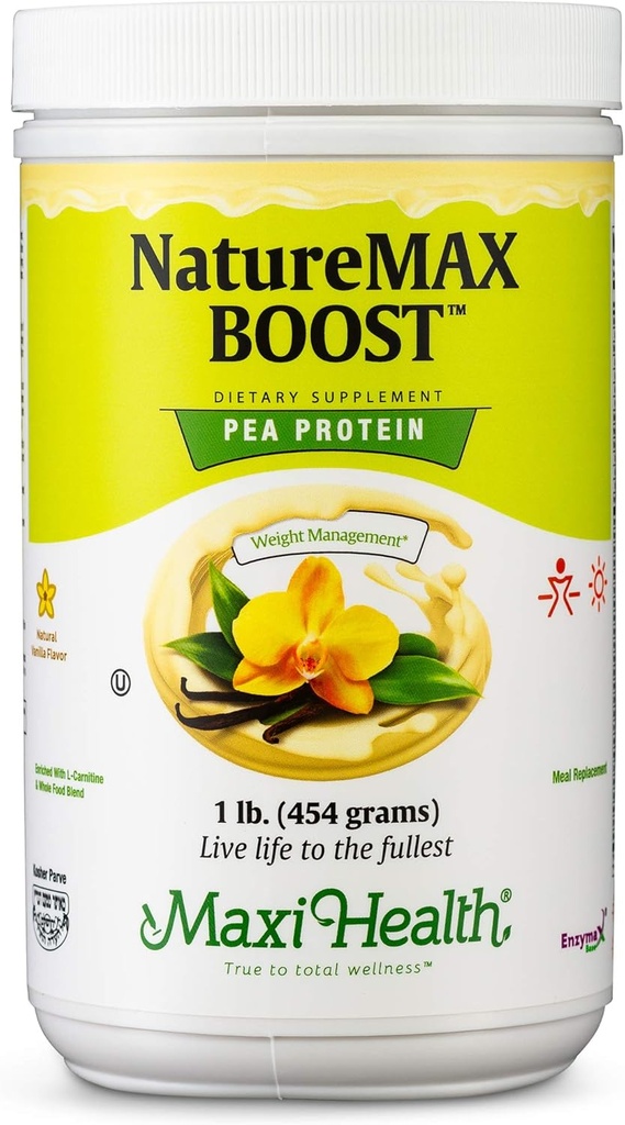 NatureMax BoostTM Pea Protein Powder - Reemplazo de la comida suplementaria - 20g Proteína Por Servir - Natural Vainilla Flavor - Kosher Vitamina - 1lb
