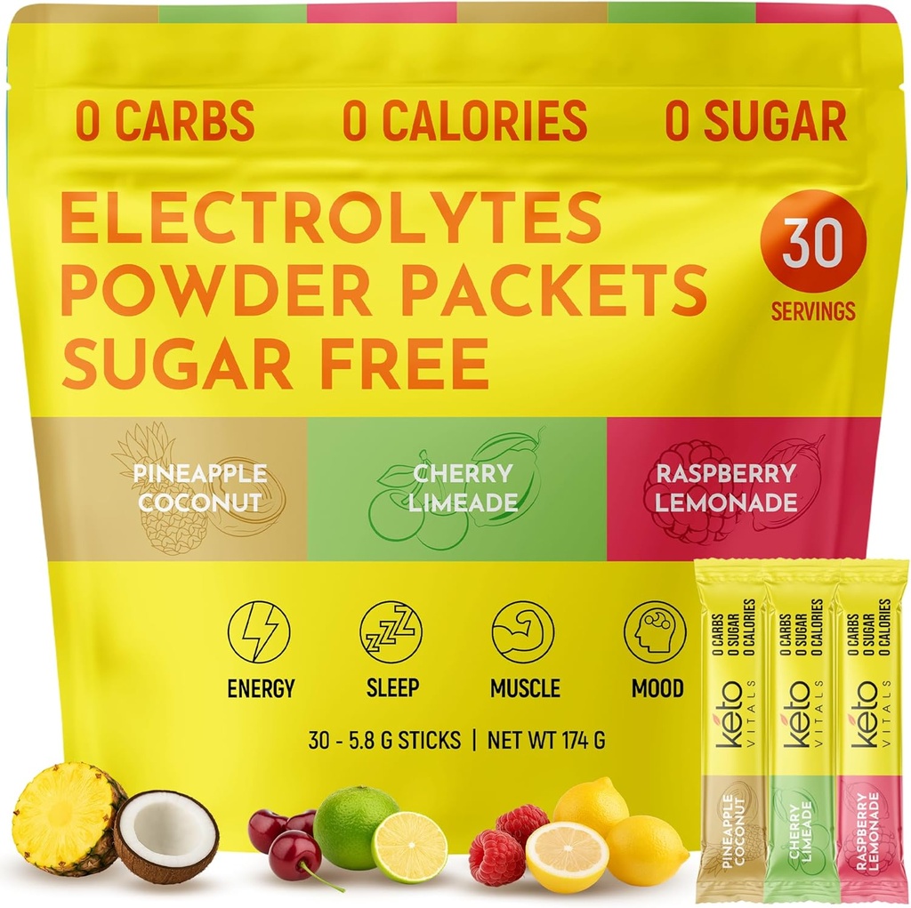Keto Vitals Tropical Keto Electrolytes Powder No Sugar - Electrolitos con Potasio, Magnesio, Sodio, " Calcio - Azucar Libre Electrolito Embalajes de Polvo Bebida Mix " Hidration Powder, 30 Servings