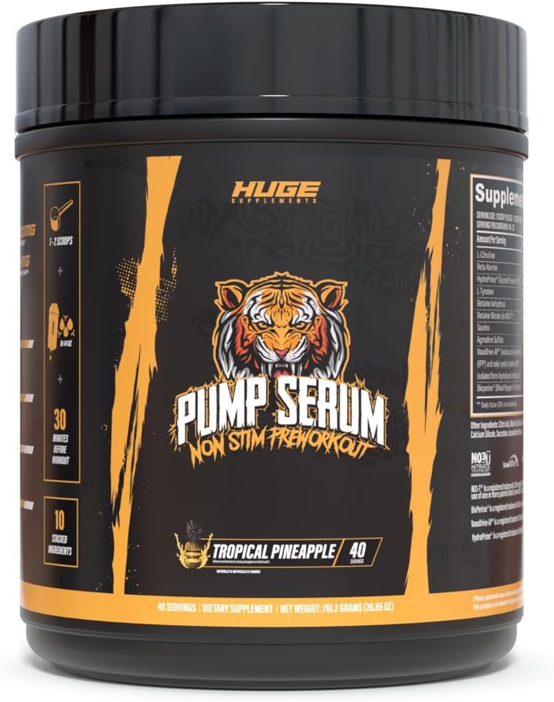 Suplementos enormes Bomba Serum, Stim Free Pre Workout y Nitric Oxide Booster para mejorar Focus, Bombas, Fulness con No Caffeine, L-Citrulline, GlycerPump, L-Tyrosine, Nitrosigine (Pineapple Tropical)
