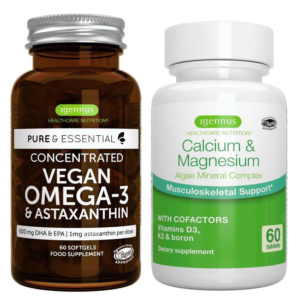 Vegan Omega-3 + Calcio &amp; Magnesio Complejo Vegan Bundle, EPA sostenible & DHA Algae Oil 1340mg + 2:1 Complejo Mineral de Algas Plantas, por Igennus