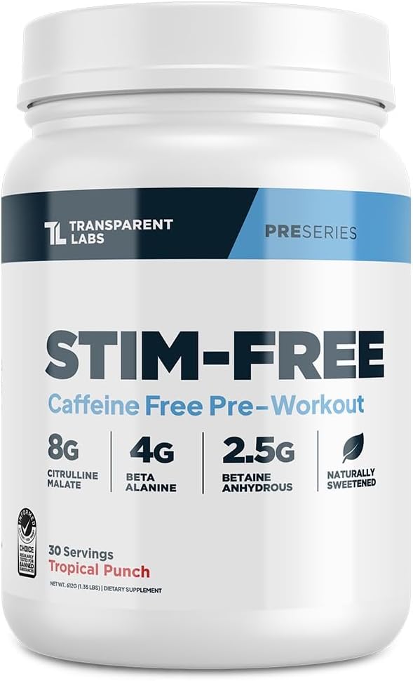 Laboratorios transparentes de trabajo previo libre - Caffeine & Stim Free Pre Workout Powder para Hombres y Mujeres con Beta Alanine Powder, Citrulline Malate, " elevATP - 30 Servings, Tropical Punch