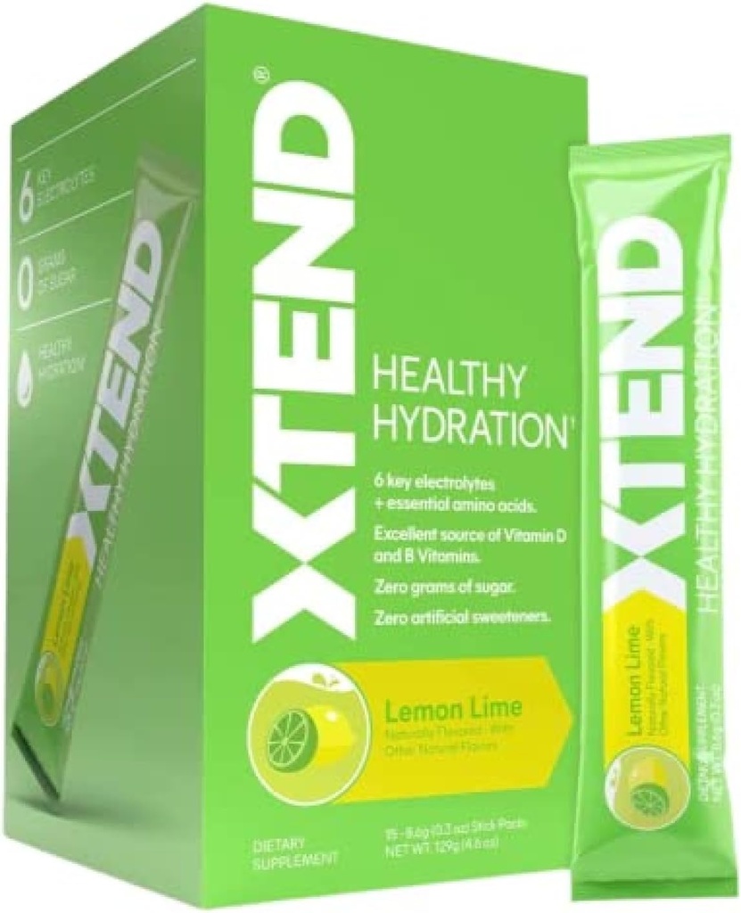 XTEND Hidratación saludable Lime de limón ← Cero Sugar Superior Hydration Powder Packets ← 6 Key Electrolytes Drink Mix ← Aminoácidos esenciales latitud NSF Certified for Sport TEN 15 Sticks