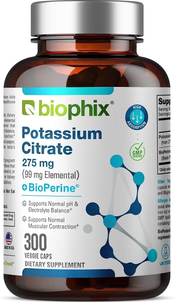 biofijo Potasio Citrato 275 mg con cápsulas vegetales BioPerine 300 - Soportes Balance de electrolitos, Nerve., Función muscular y salud cardíaca