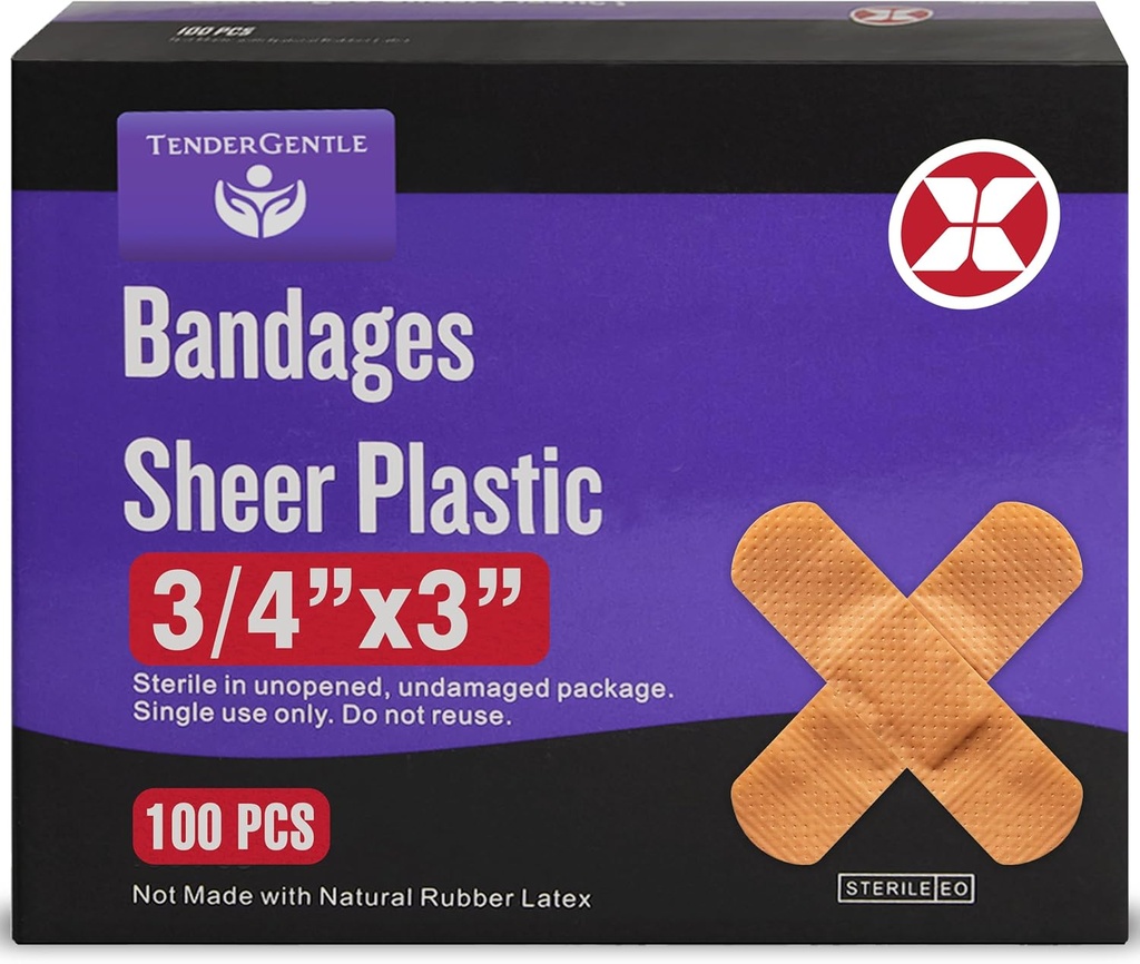 Banda Adhesiva - Caja de 100 3/4" Bandas de plástico de chapa flexible para cortes, rayas, quemaduras - Latex Gratis, Sterile Bandas pequeñas