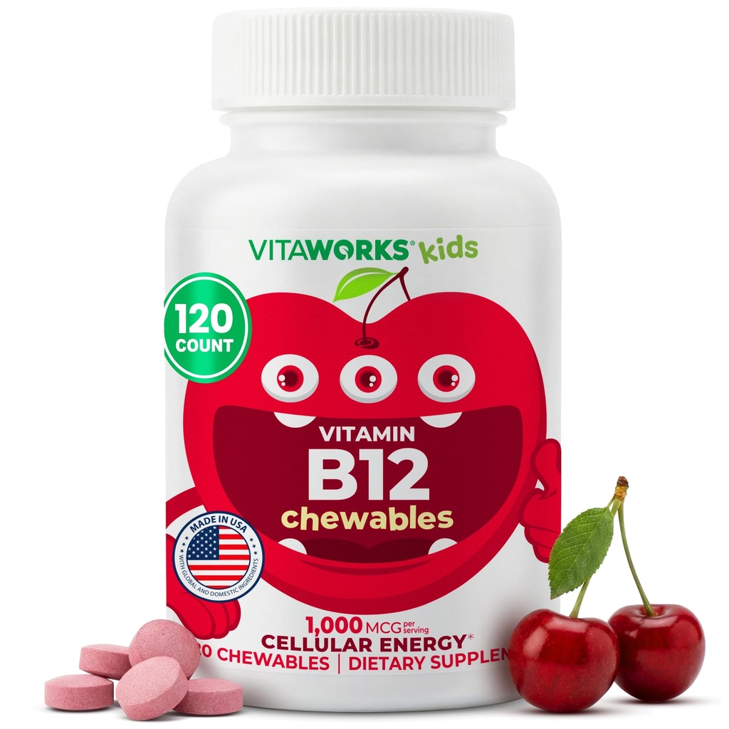 VitaWorks Vitamin B12 for Kids 1000 mcg Chewable Tablets, Vegan B12 Supplement, Support Energy and Metabolism, Cherry Flavor, Non-GMO, Gluten Free, 120 Chewables