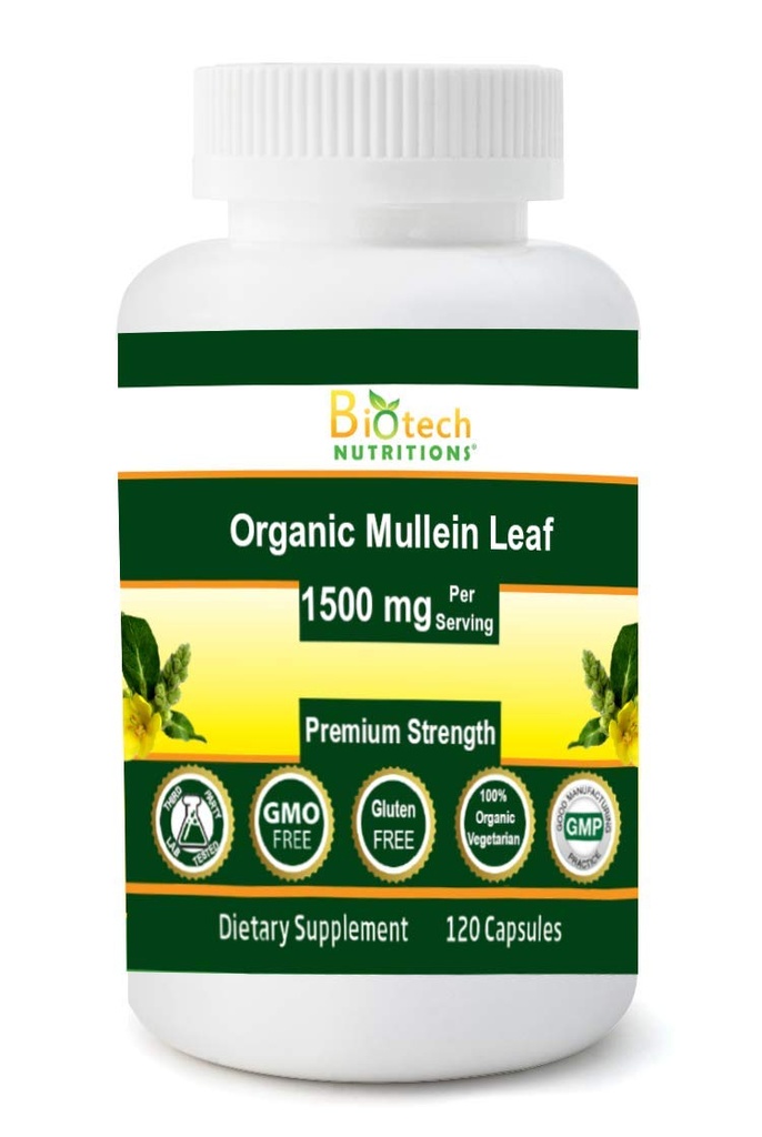 Hoja de Mullein Orgánica 1500 mg Servir 120 cápsulas vegetales Hecho en EE.UU.