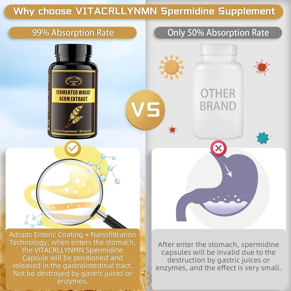 1000MG Spermidine Supplements Fermented Wheat Germ Extract Capsule with 10MG Higher Spermidine & Zinc for Antioxidant, Cell Renewal, Immune System and Increases Energy 60 Capsules (1 Bottle)