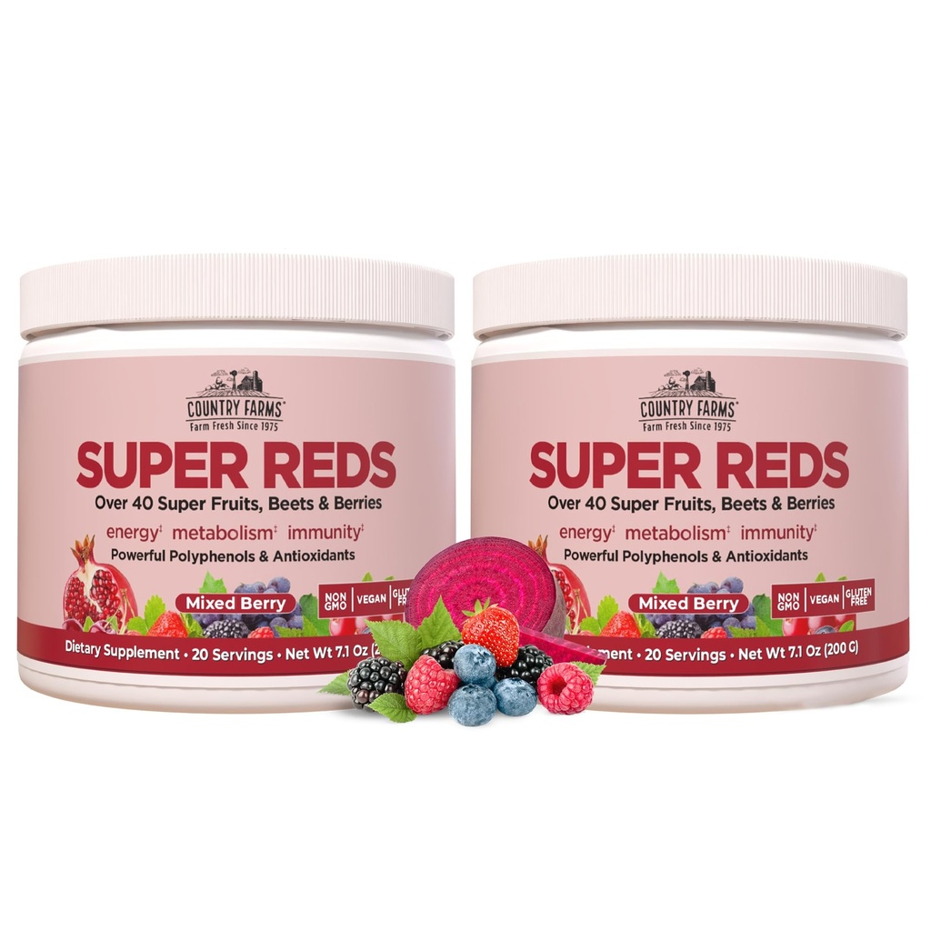 COUNTRY FARMS Super Reds, Energizing Polyphenol Superfood, Más de 40 Super Fruits y Berries, potentes antioxidantes y polifenoles, apoya la energía, apoya la circulación, 40 Servings, mixed Berry