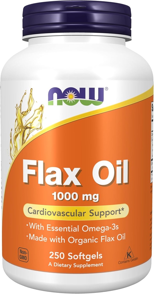 AHORA Suplementos de alimentos, aceite de Flax 1000 mg elaborados con aceite de Flax orgánico, soporte cardiovascular*, 250 Softgels