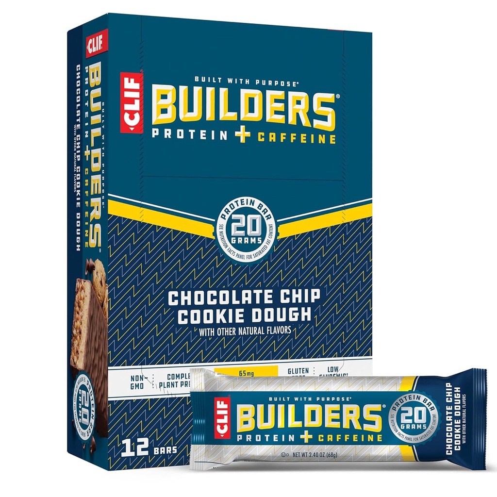CLIF BUILDERS + Caffeine Protein Bares - Chocolate Chip Cookie Dough Flavor - 20g Plant Based Protein - Gluten Free - Non-GMO - Low Glycemic - No Sweeteners artificiales - 2.4 oz. (12 Pack)