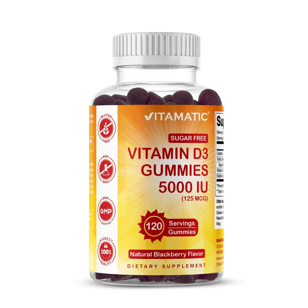 Vitamatic Sugar Free Vitamin D3 5000 UI - 120 Gummies - Gran sabor - Huesos saludables, Mood &amp; Immune System Function - Non-GMO - 120 Servimientos (5000 UI)