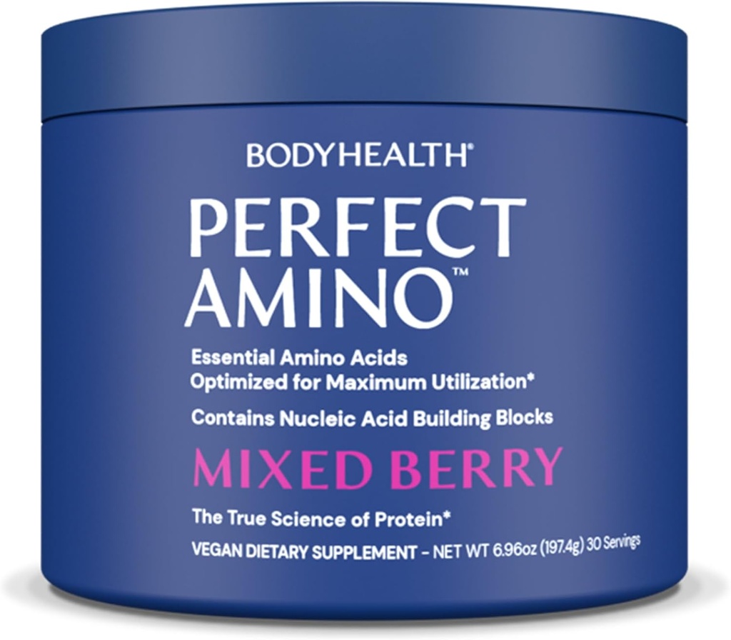 BodyHealth PerfectAmino Powder - BCAA and EAA Powder for Pre and Post Workout - Amino Acid Energy Drink for Hombres and Women to Support Lean Muscle and Recovery - Mixed Berry - 30 Servings
