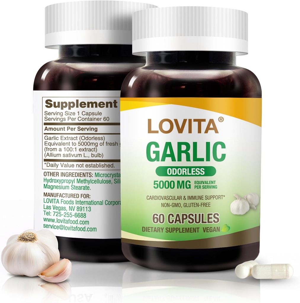 Cápsulas de ajo sin olor de Lovita, 5000mg Equivalente de ajo fresco, 1.25% Extracto de Allicin, soporta el corazón, presión sanguínea, sistema de colesterol, no GMO, libre de gluten, 60 cápsulas veganas