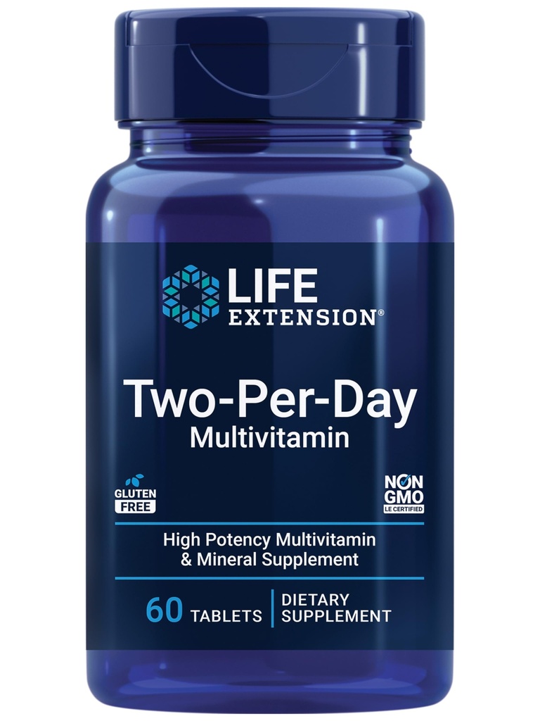 Ampliación de vida Multivitamínico de dos por día – Dosis diaria de vitaminas & minerales para hombres y mujeres – Suplemento esencial completo de vitaminas para energía, salud – libre de gluten – no transgénico – 60 tabletas