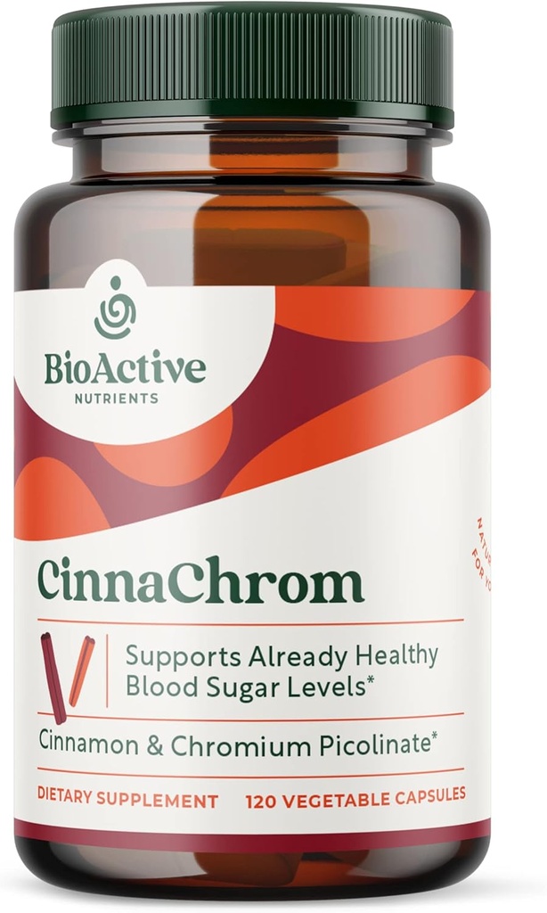Suplemento dietético de CinnaChrom — Picolinato de cromo, cápsulas de canela — Ingredientes naturales para la salud general — Suplemento vegetal, sin gluten, 120 cápsulas