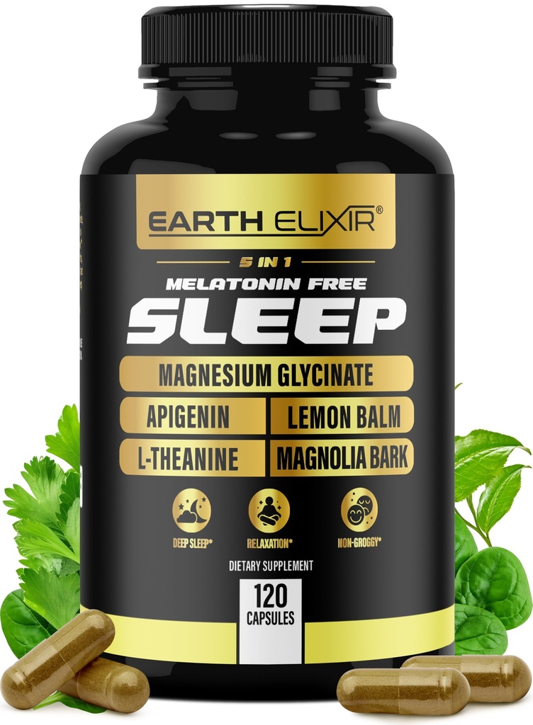 Earth Elixir 4-in-1 Sleep Aid (120 Caps) w/Apigenin 50mg, Magnesium Glycinate 200mg, L Theanine 200mg &amp; Valerian Root for Sleep Aid 300mg  Apigenin Supplement for Sleep ← Sleeping Pills