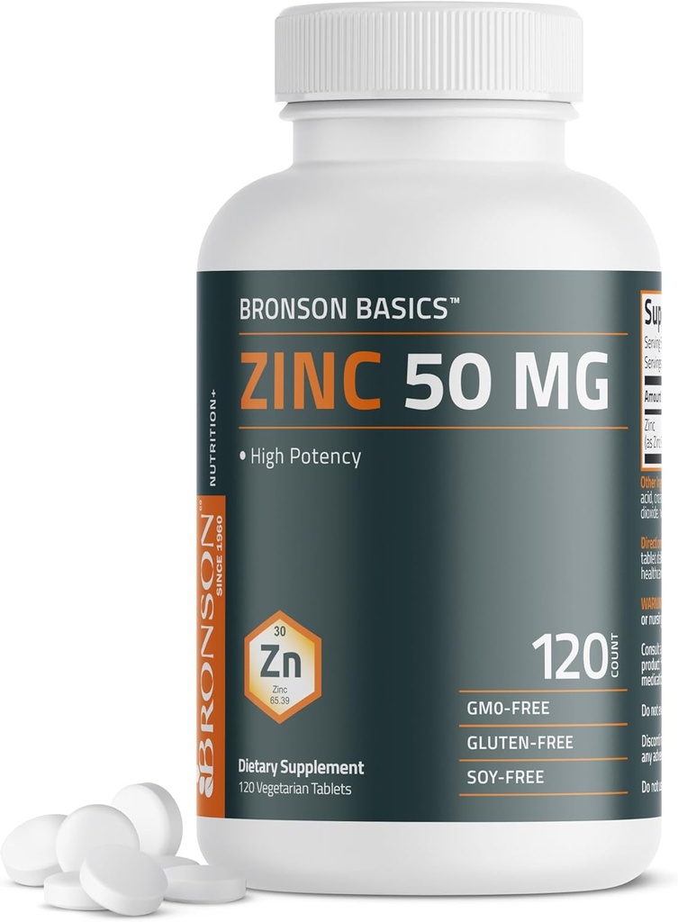[BRSROBALB4MWEHTO] Bronson Zinc 50 MG High Potency Supports Skin Health - Non-GMO, 120 Vegetarian Tablets