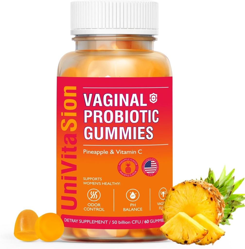 UniVitaSion Vaginal Probiotics Gummies for Women, 50 Billion CFUs - PH Balance, Odor Vaginal, Vaginal Flora, Tratamiento de Infección por la Levadura para Mujeres, Vitamina C para Salud Inmuna, Hawai Pineapple Flavor