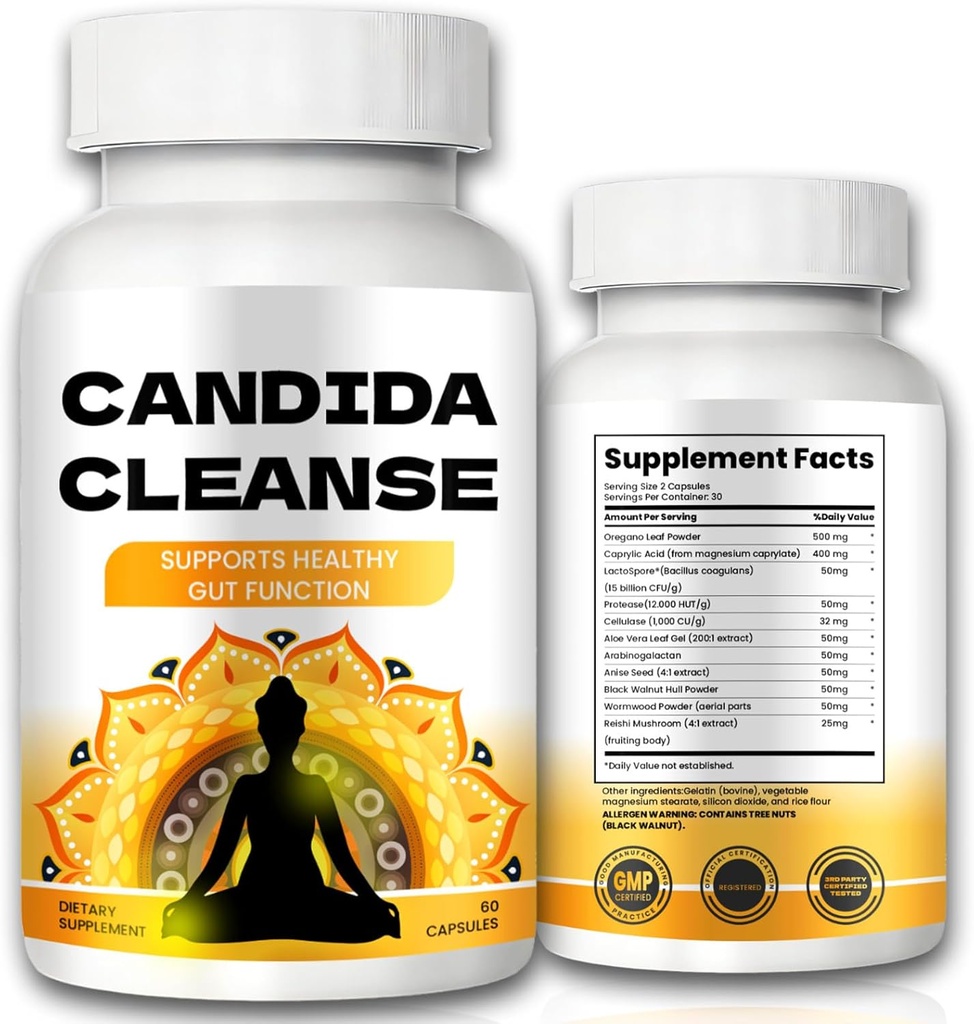 Candida Cleanse - Soporte de Gut & Colon, Fórmula Avanzada - Hoja de orégano, Wormwood, Nogal Negro, Ácido caprílico