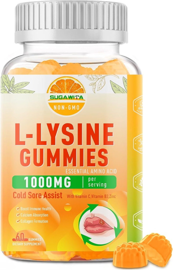 L-Lysine Gummies 1000 mg, Cold Sore Supplement with Immune Support for Lips & Oral, Chewable L Lysine Gummies for Adults & Kids, Boost Immune & Collagen, Non-GMO, Vegan, Gluten Free - 60 Condes