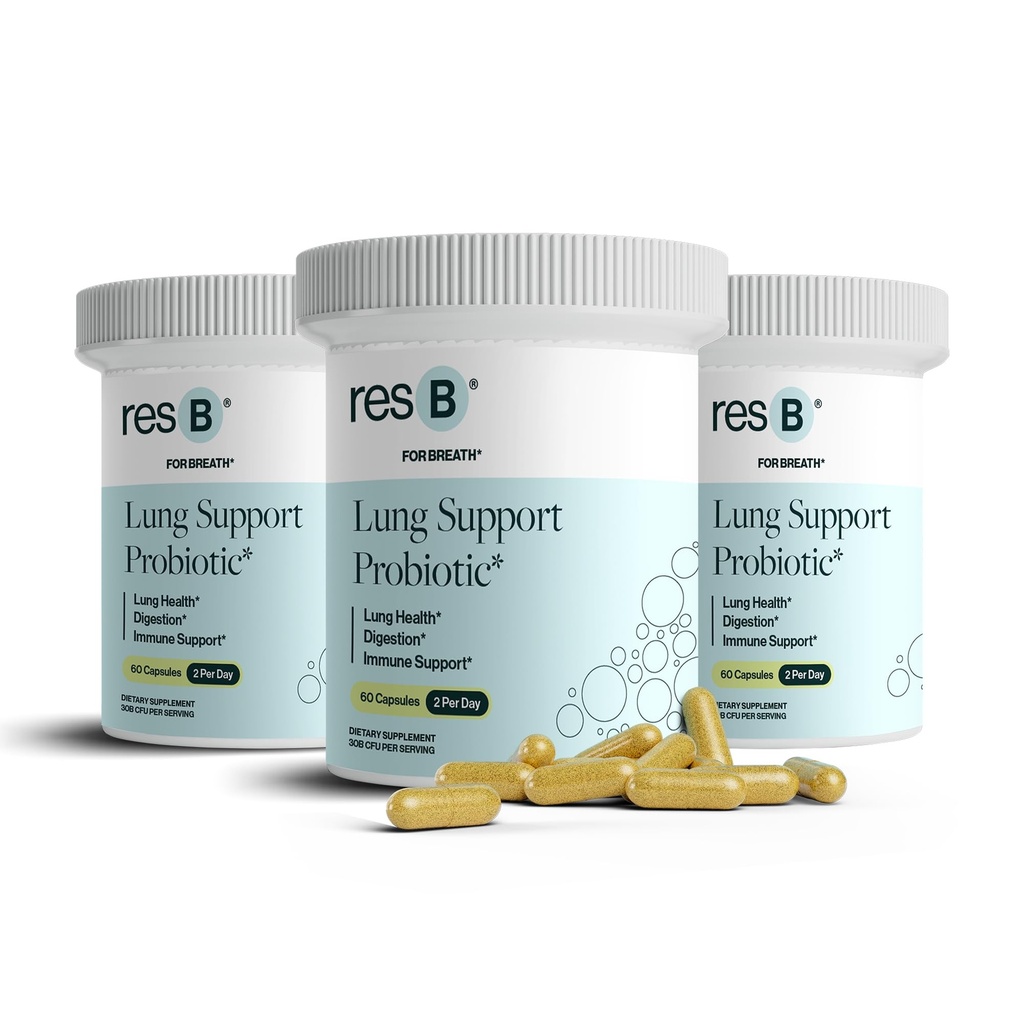 resB Lung Support Probiotic Supplement - Lung Health Supplement for Smokers, Gut Health, Immune Support, Respiratory Care, Holy Basil, Turmeric, Clinically Trialed - 180 Capsules (3 Bottles)