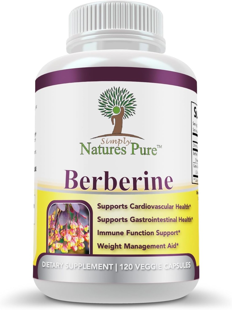 Simplemente Naturalezas Pura Premium Berberina HCl 500mg - 120 cápsulas - Cardiovascular Gastrointestinal Immune Support - Chromium Cinnamon
