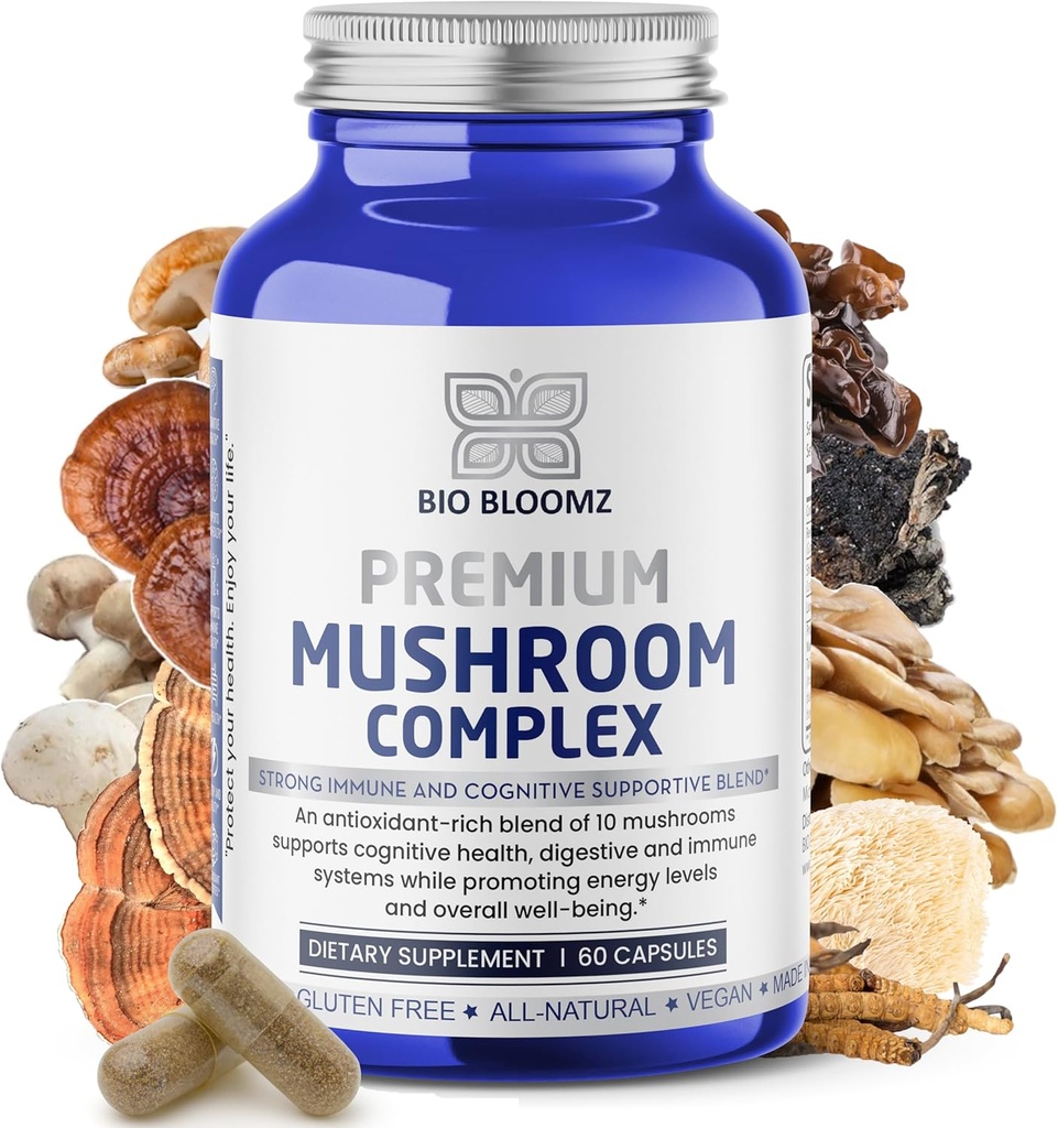 Gafas Complejo Premium de Mushroom - León de Mane Suplemento Wellness Fórmula con Turquía Tail, Shiitake, Cordyceps, Reishi, Chaga, Maitake - Immune Support Mushrooms Herbal Suplementos - 60