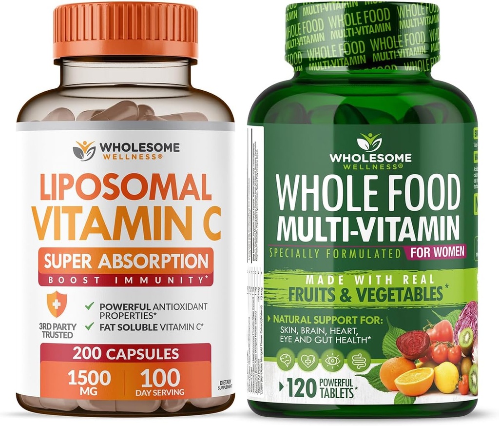 Total Wellness Liposomal Vitamina C cápsulas (200 pastillas 1500mg amortiguadas) alta absorción VIT C + Multivitamina entera de alimentos para las mujeres - Multi vitaminas naturales, minerales, extractos orgánicos