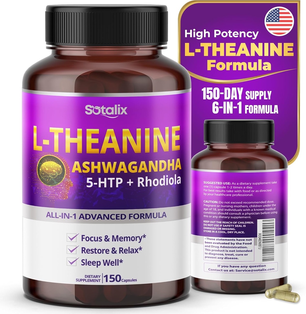 Sotalix L-Theanine Suplemento con Ashwagandha 5-HTP + Rhodiola - Focus & Memory, Restore & Relax, Calidad del sueño - USA Made " Tested (150 Conde (Pack of 1))