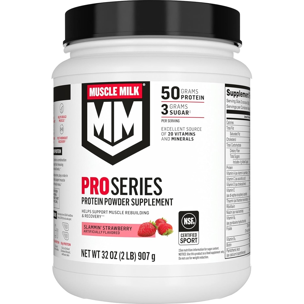 Muscle Milk Pro Series Protein Powder Suplemento, Slammin' Strawberry, 2 libras, 11 piezas, 50g Proteína, 3g Azúcar, 20 vitaminas & minerales, NSF certificado para el deporte, embalaje mayo Vary