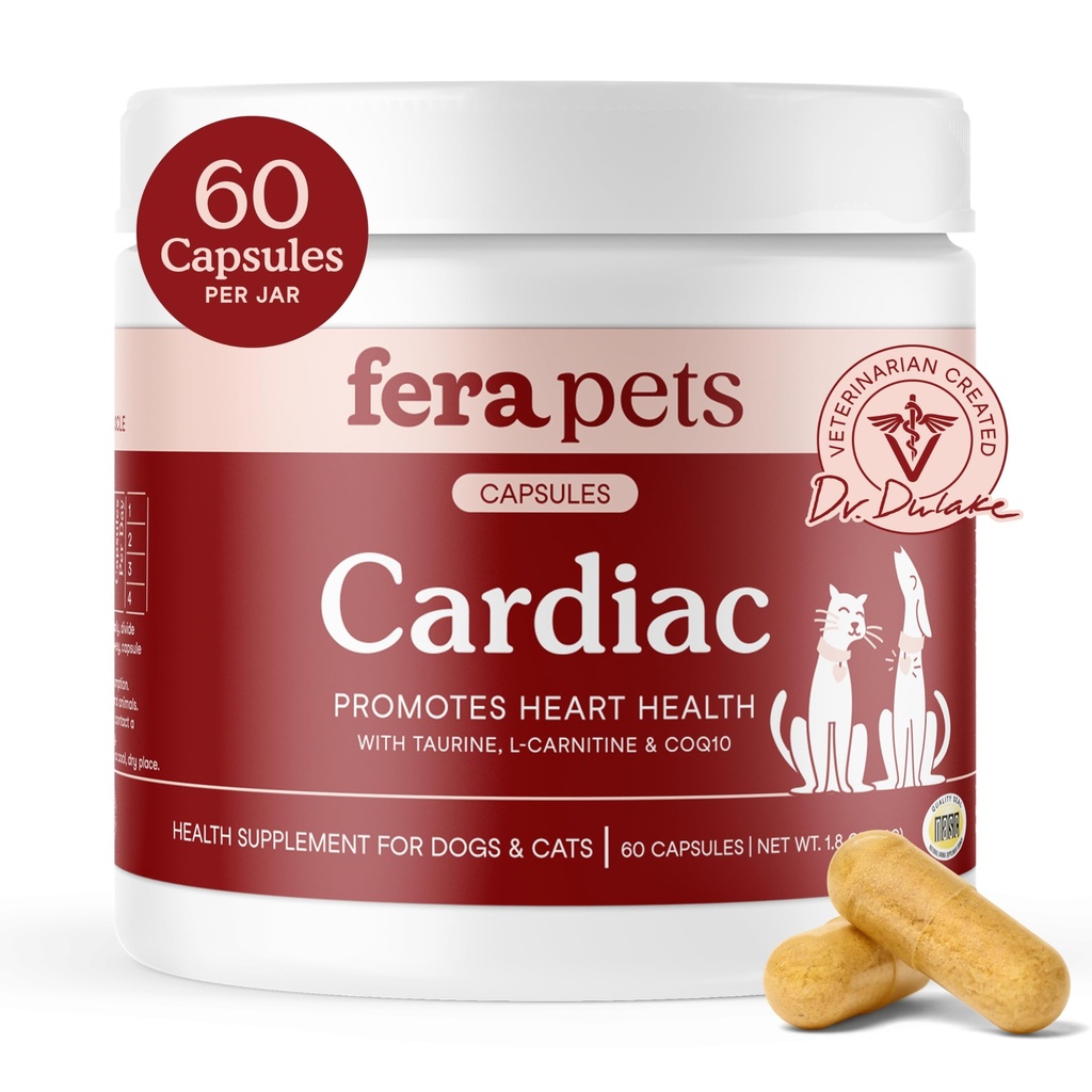 Fera Pets Cardiac Support - Cat & Dog Heart Supplement with Taurine, L-Carnitine, " CoQ10 - Promueve la circulación normal y el latido cardíaco - 60 cápsulas
