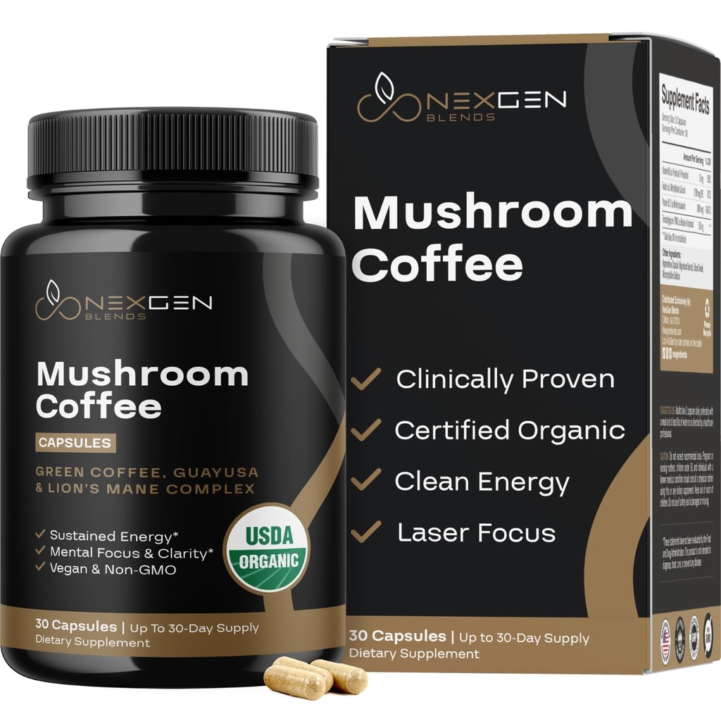 Cápsulas de café 100% orgánico de hongos - Suplemento de energía natural con 130 mg de cafeína proveniente de café verde patentado clínicamente y extractos de Guayusa para energía libre de jitters " Focus (30 piezas)
