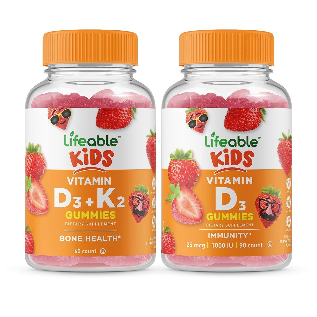 Vitamina D3 + Vitamina K2 Niños + Vitamina D Niños, Gummies Bundle - Gran Tasting, Suplemento de Vitamina, Gluten Gratis, GMO Gratis, Gummy Chewable