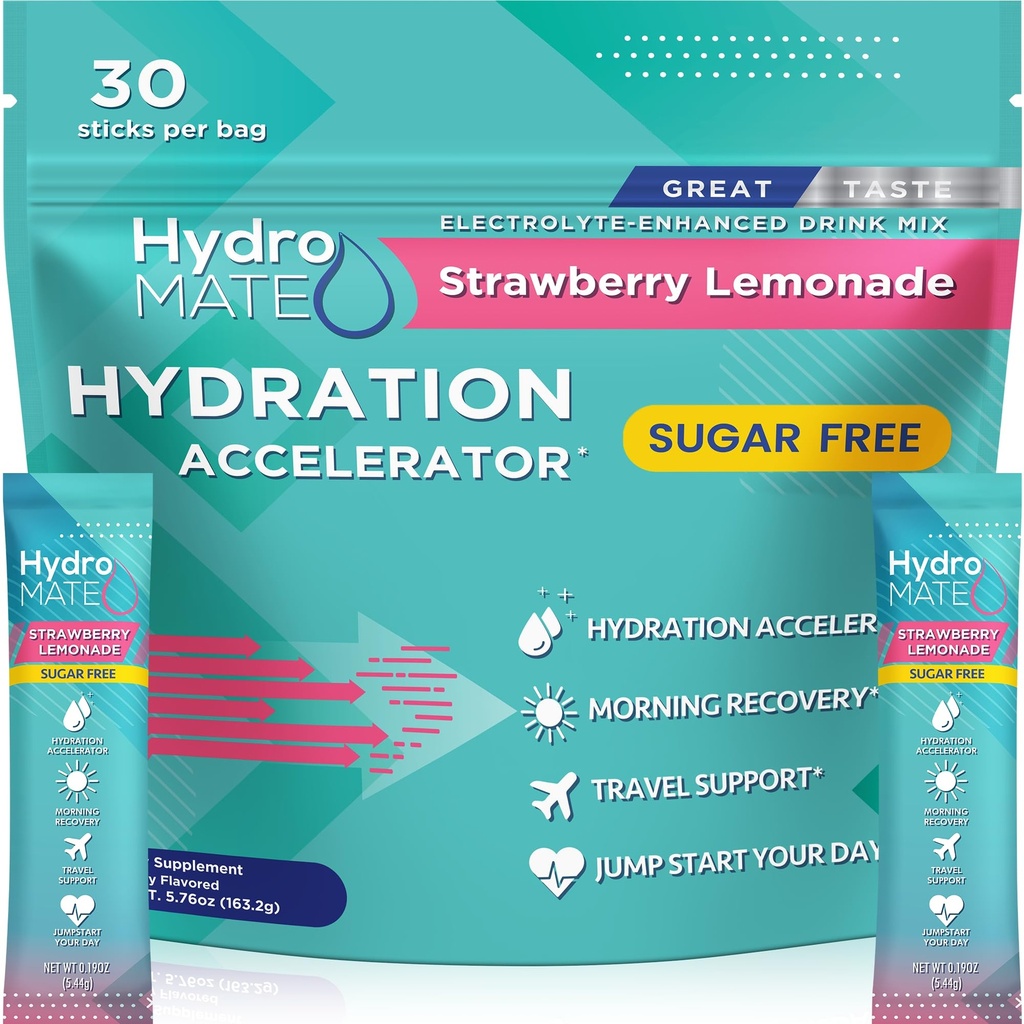 Empaquetadura de hidratación sin azúcar de electrolitos Strawberry Lemonade HydroMATE 30 Sticks