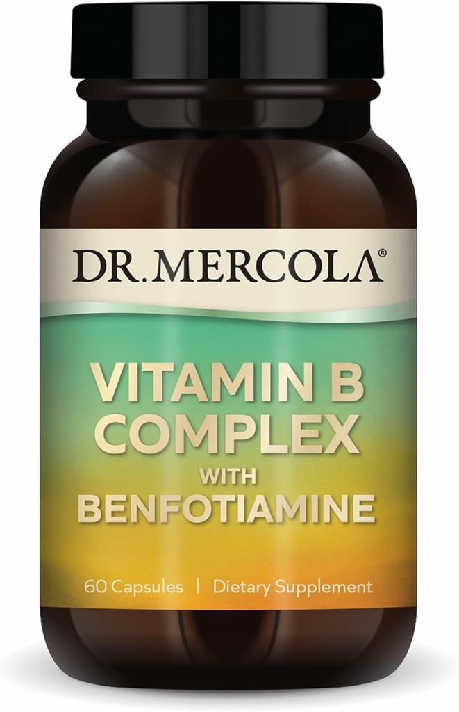 Complejo Dr. Mercola Vitamina B con Benfotiamina - Apoyo Celular, Cerebro & Salud Inmunitaria - No Gluten-Free & Soy-Free - 60 cápsulas (30 servidos)