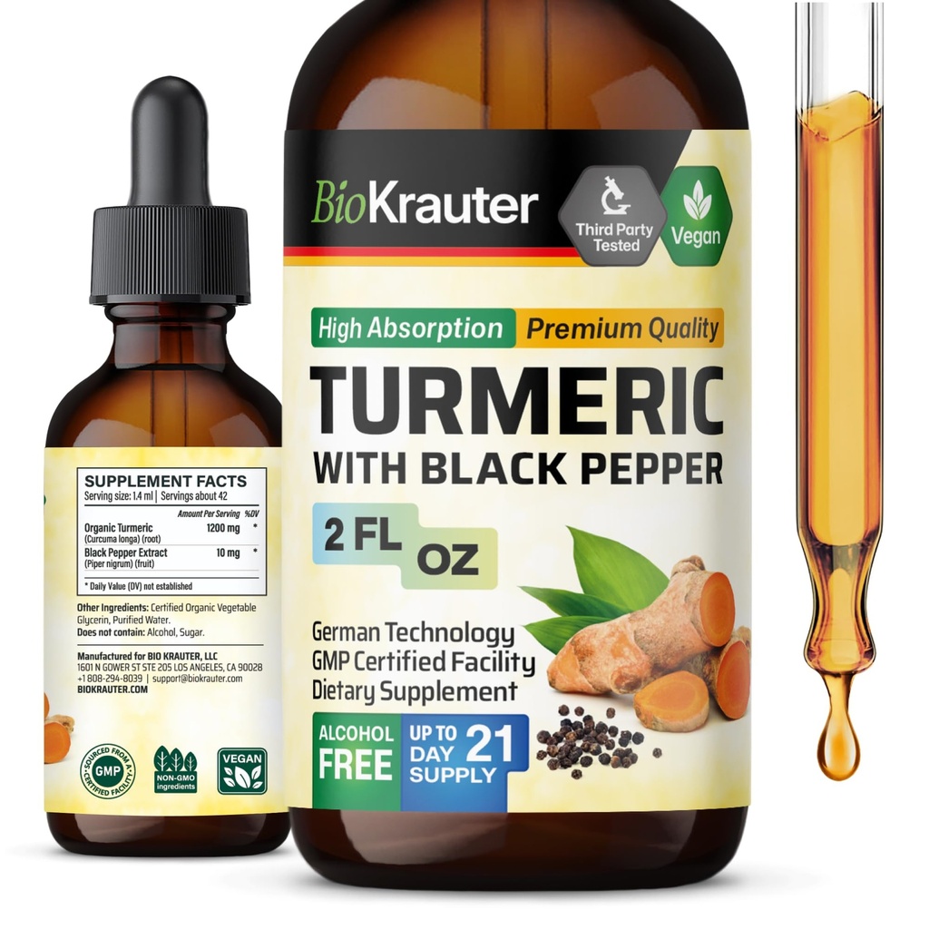 BIO KRAUTER Suplemento Turmérico Tintura - 1200 mg Curcumina Turmérica con extracto de pimienta negra - Alcohol y azúcar libre - gotas vegas 2 Fl.Oz.