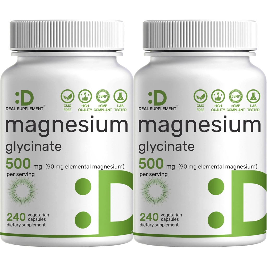 2 Pack Magnesium Glycinate 500mg, 480 Veggie Capsules  100% Chelated for Easy Absorption ← Suplemento Mineral Esencial para el músculo, el sueño, " Heart Health