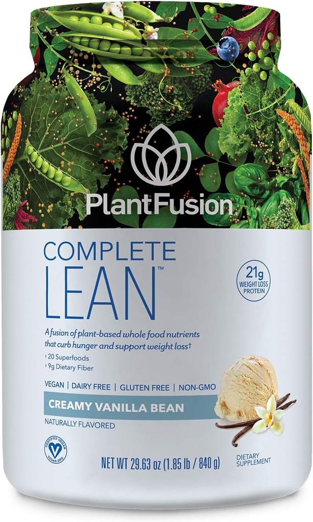 PlantFusion Complete Lean Plant Based Protein Powder - Prebiotic Fiber, Superfoods & Digestive Enzymes - Vegan, Gluten Free, Soy Free, Non-GMO - Vainilla 1.85 lb