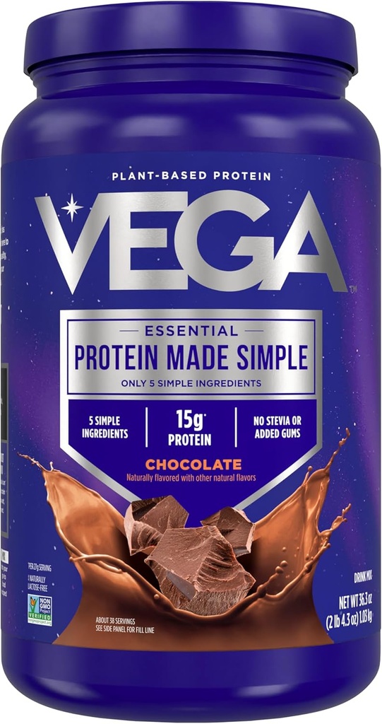 Vega Protein simple - 15g Pea Proteína de base vegetal, Chocolate, 39 Servings, Stevia Free, No Sweeteners artificiales o gomas, No GMO, Sin gluten, Libre de lácteos, 2.3lbs (Paquete mayo Vary)