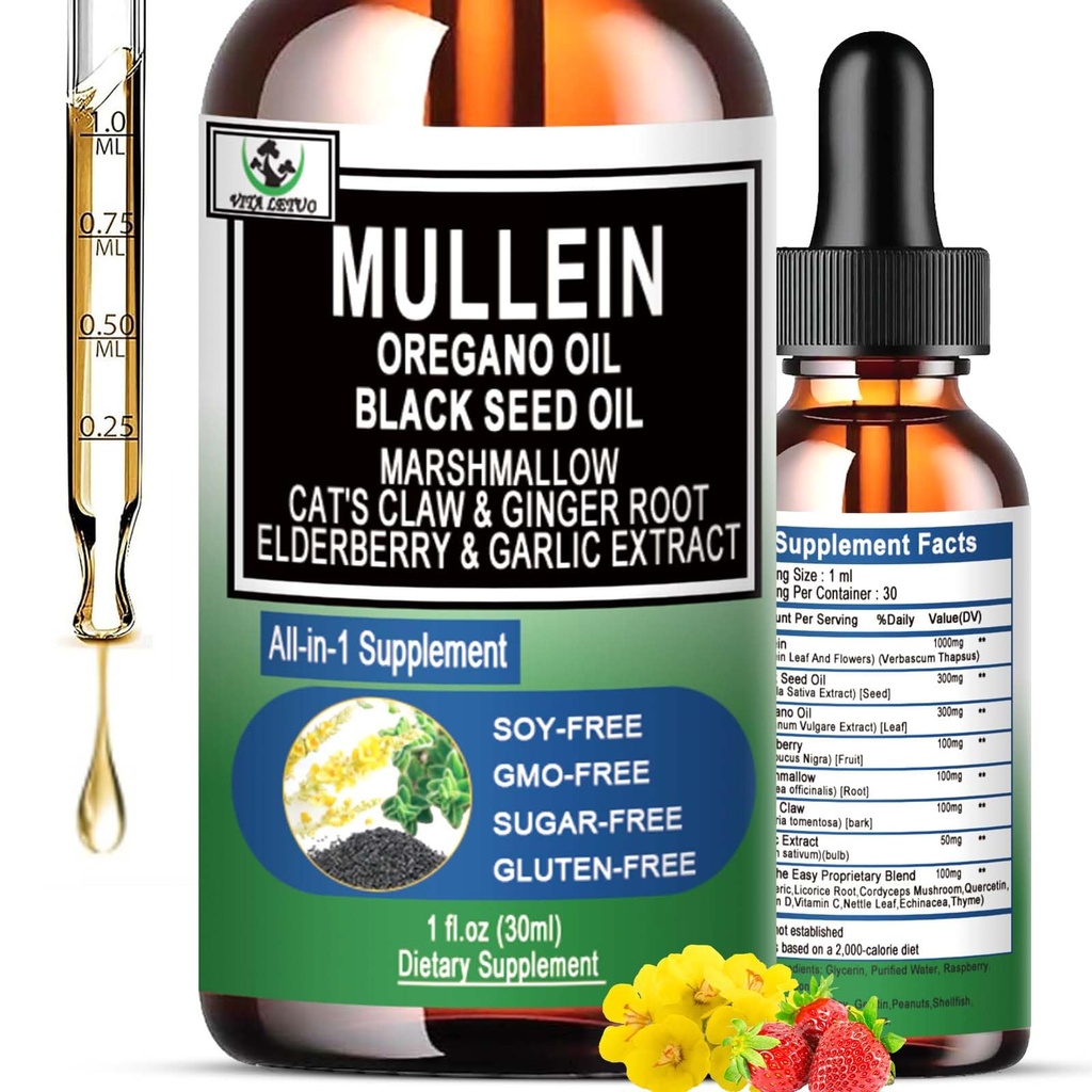 16-en-1 gotas de Mullein Orgánica para Pulmones Ø Mullein Leaf Extract w/Oil of Oregano with Black Seed Oil ← Non-GMO adultoGluten Free Respiratory Health Liquid Drops latitud Mullein Supplement Cleanse for Smokers