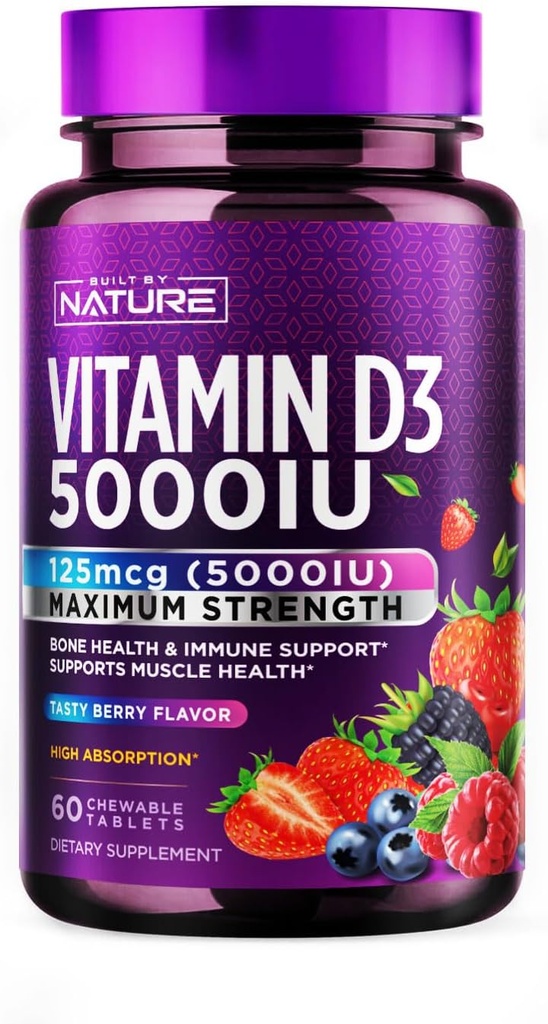 Construido por Nature Chewable Vitamina D3 5000 UI - Suplemento Vitamina D Chews – Sugar Free & Natural Berry Flavor - 60 Tablets