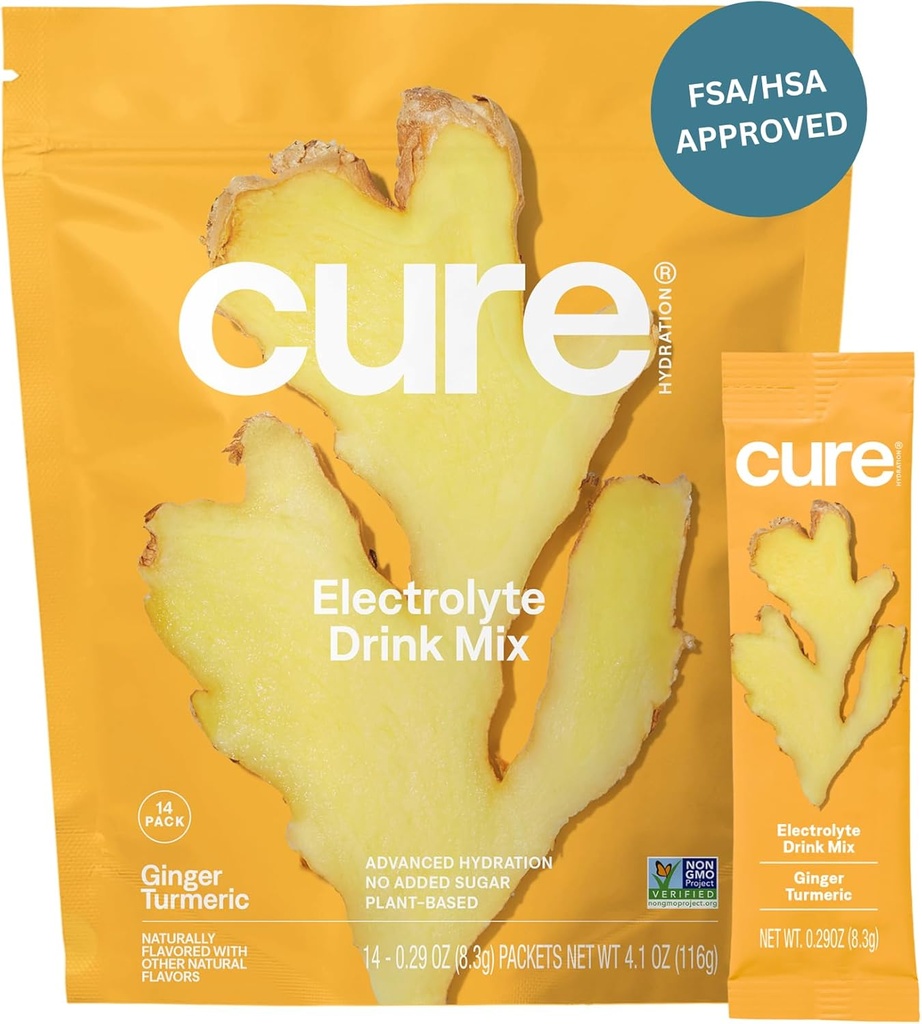 Cure Hydration ¦ Plant-Based Electrolyte Drink Mix Silencio No Añadido Sugar Silencio FSA-HSA ← Dehydration Relief Powder Hecho con Coconut Water Silencio No-GMO Silencio Vegan Silencio Pouch of 14 Packets - Ginger Turmeric