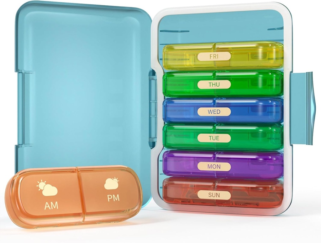 Organizador semanal de píldoras 2 veces al día, 7 días caja de píldoras 2 veces, portátil para caja de carga de viaje para píldoras/Vitamin/Fish Oil/Medication/Supplements (2x7 Blue+Rainbow)