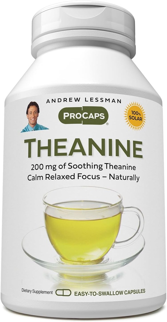 ANDREW LESSMAN Theanine 200 mg - 180 cápsulas - promueve la producción de los neurotransmisores Dopamina y Serotonina. Calma natural, enfoque relajado sin somnolencia. Cápsulas fáciles de cambiar.
