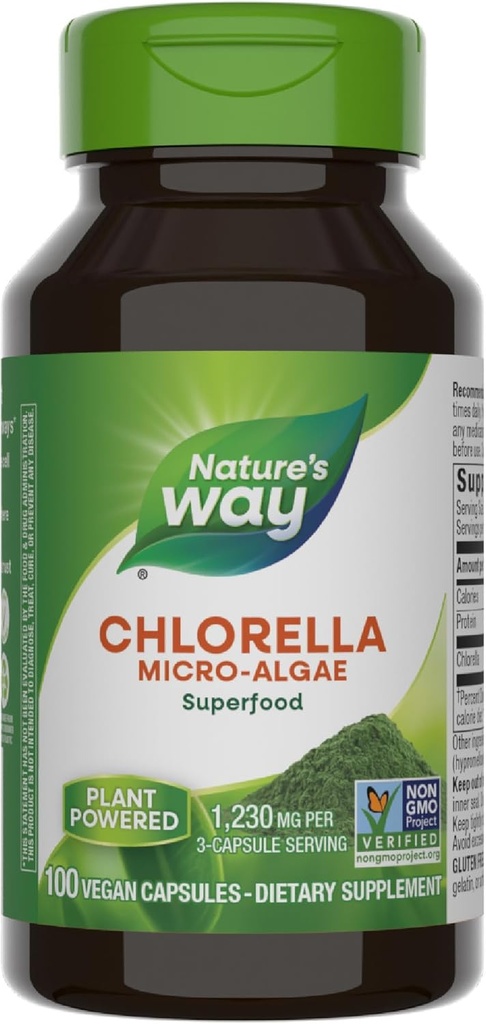 Camino de la Naturaleza Clorella Micro-Algas, Superalimentos, soporta vías antioxidantes*, 1.230 mg por servicio de 3 cápsulas, Vegan, Proyecto no GMO Verificado, 100 cápsulas (paquete mayo Vary)